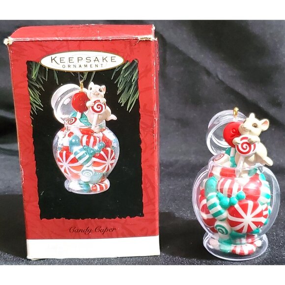 Hallmark CANDY CAPER Christmas Ornament mouse in jar of mint & sweets Dated 1994 - Picture 1 of 16